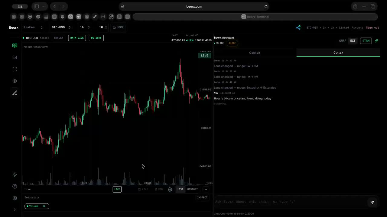 Beorx Terminal showing the primary workspace for using Cortex on the web.