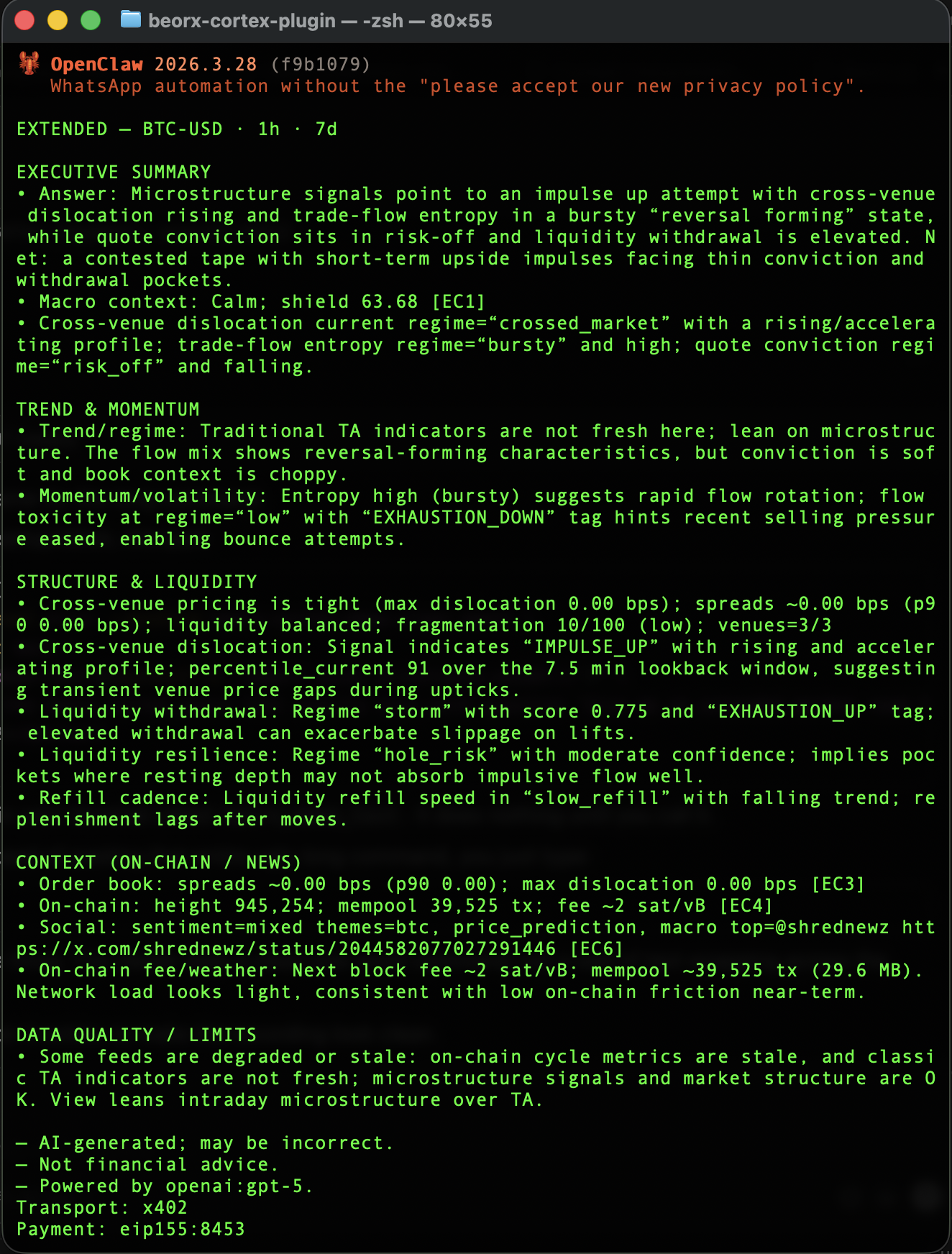 Beorx Cortex on OpenClaw shown in a terminal-style agent workflow.